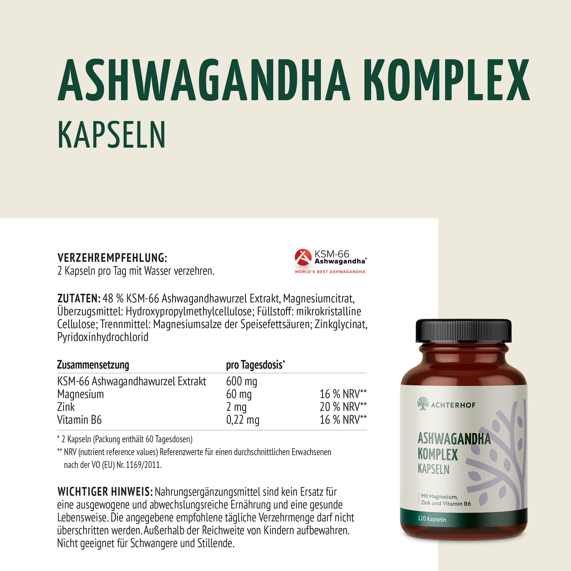 Mind & Body Support Ashwagandha Komplex (120 Kapseln)