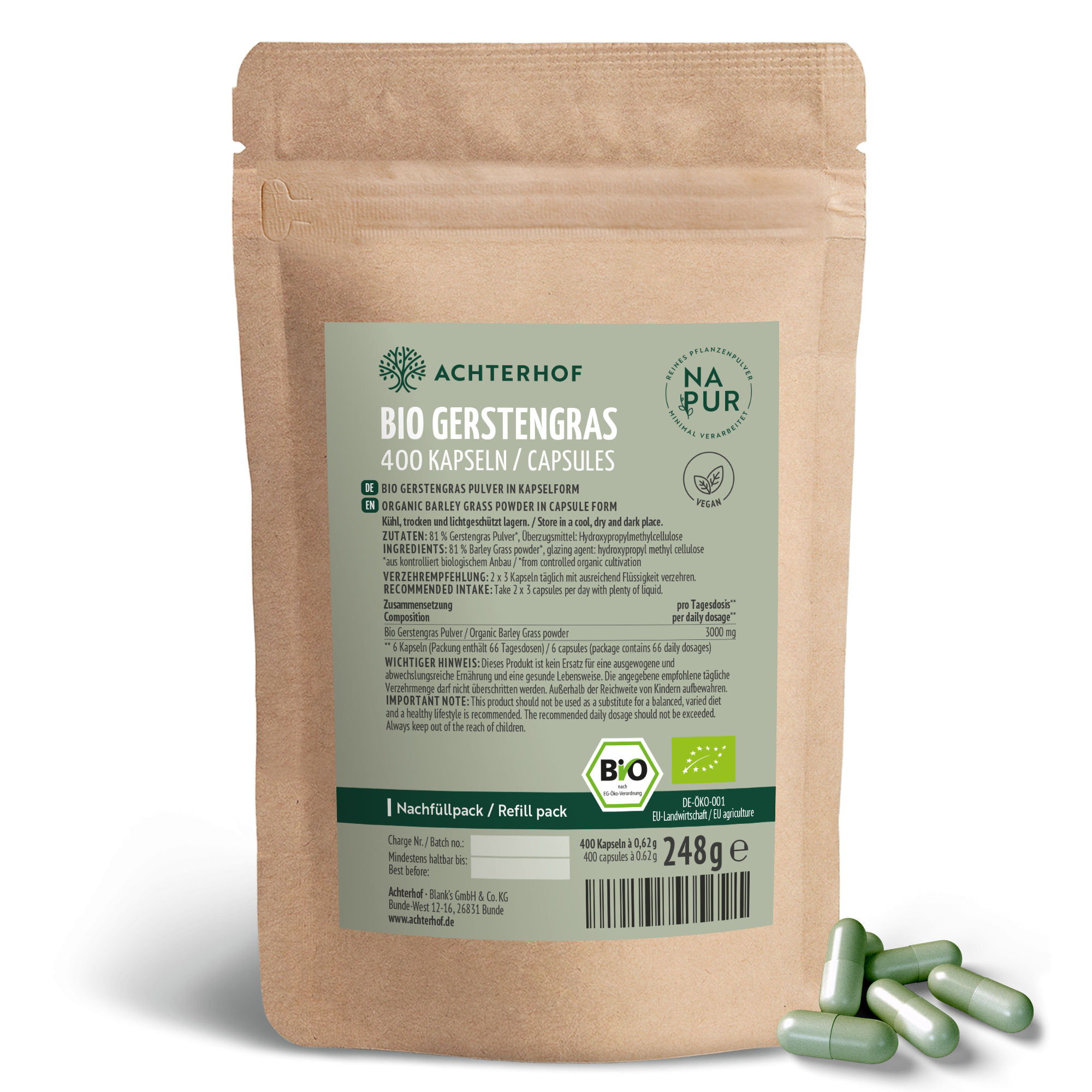 Bio Gerstengras Kapseln Nachfüllpack (400 Kapseln)