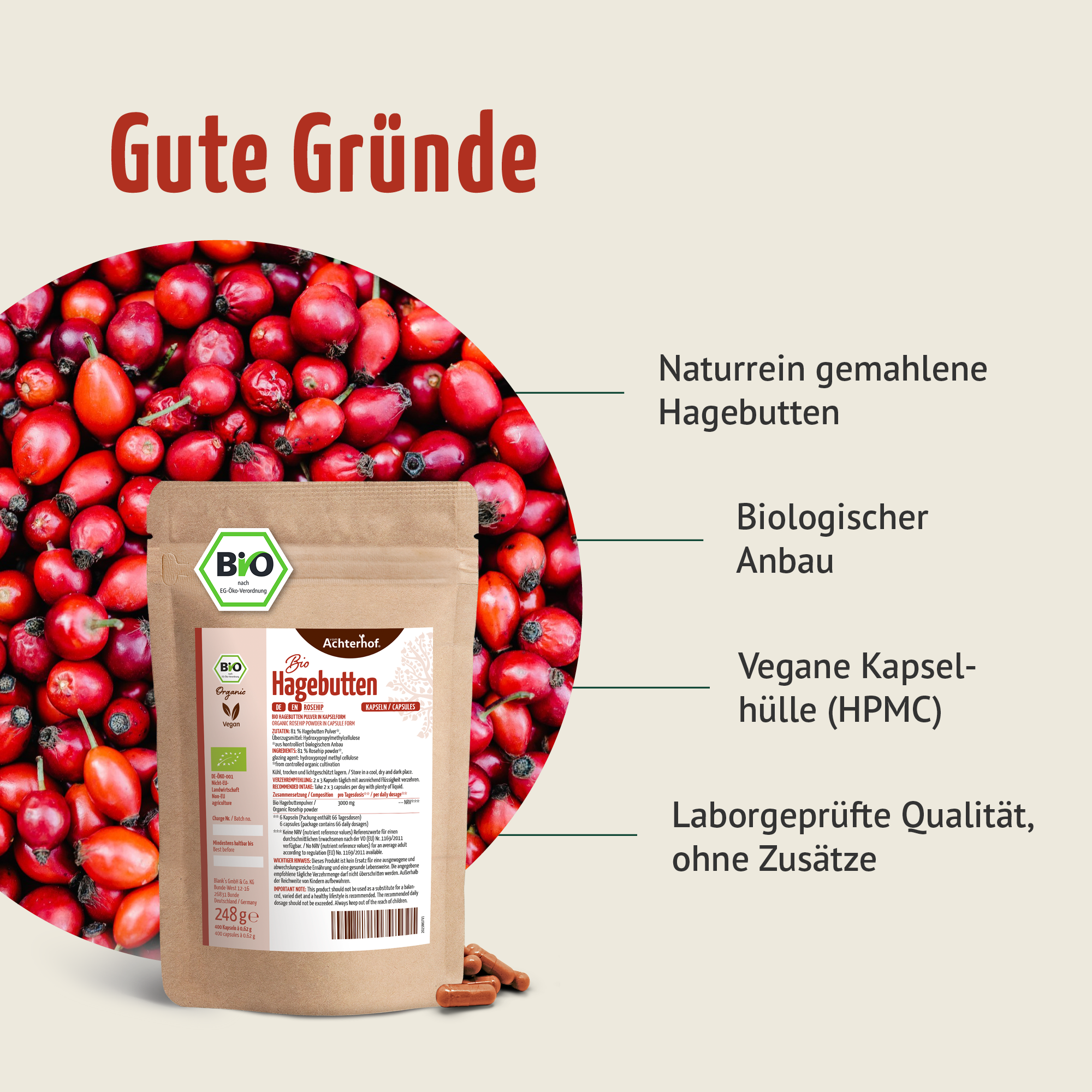 Bio Hagebutten Kapseln Nachfüllpack (400 Kapseln)