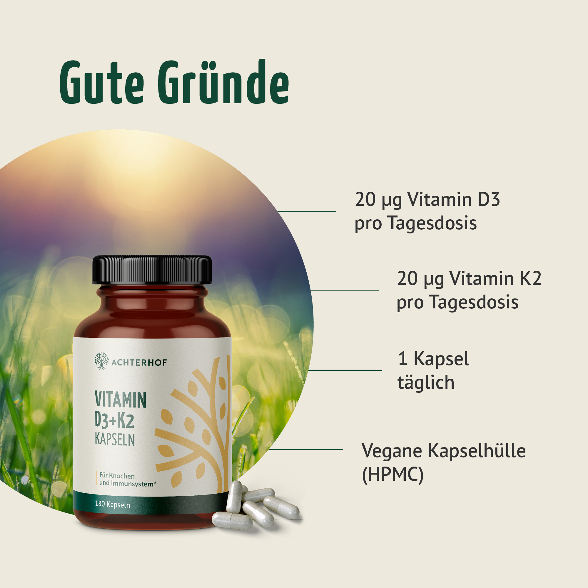 Vitamin D3+K2 Kapseln (180 Kapseln)