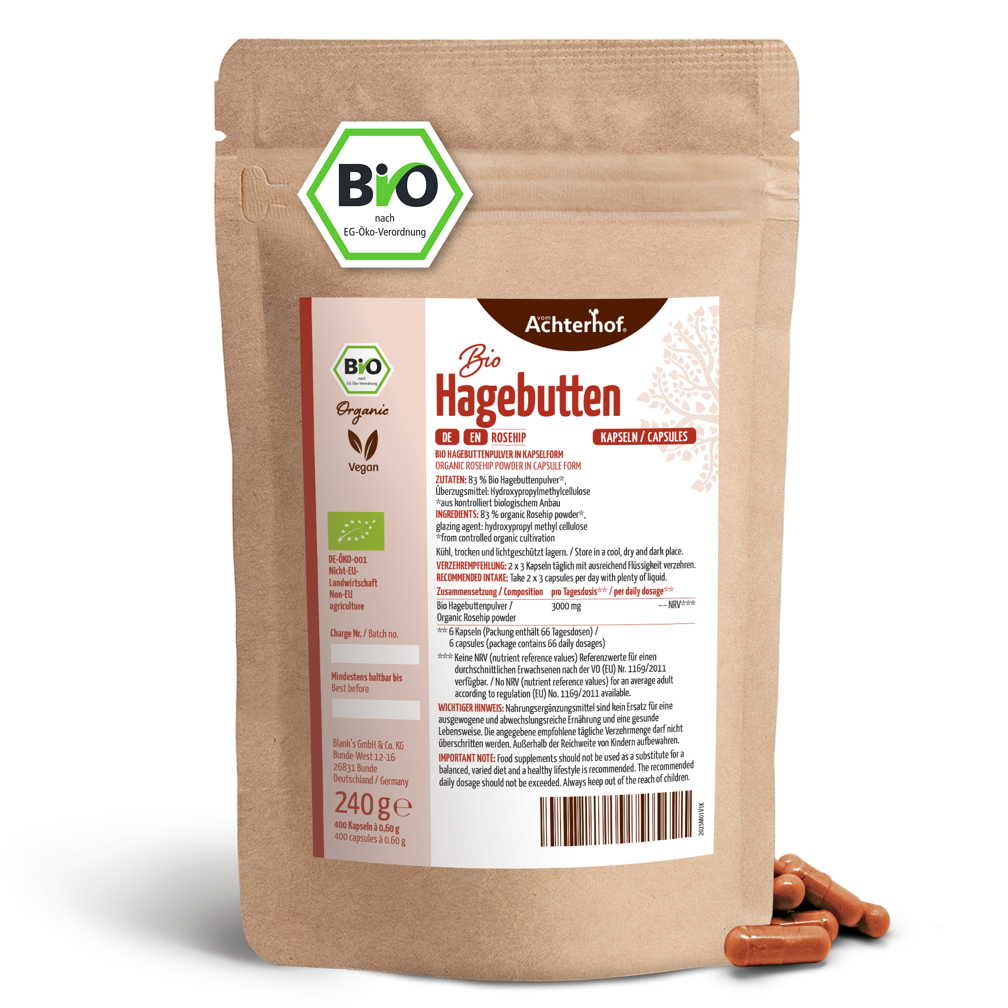 Bio Hagebutten Kapseln Nachfüllpack (400 Kapseln)