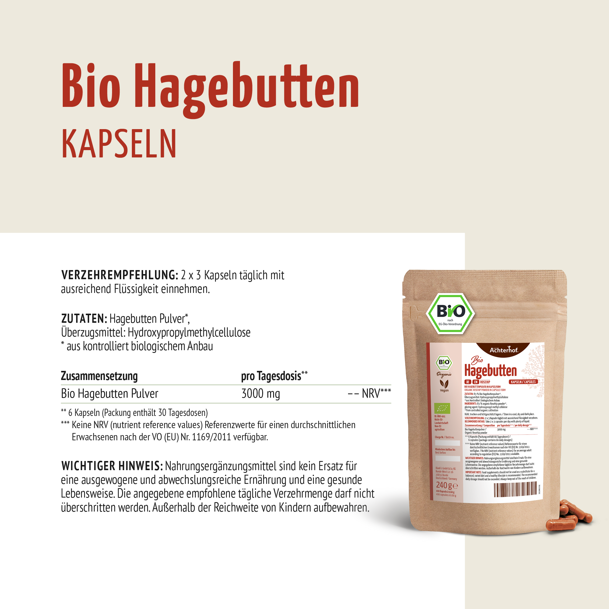 Bio Hagebutten Kapseln Nachfüllpack (400 Kapseln)