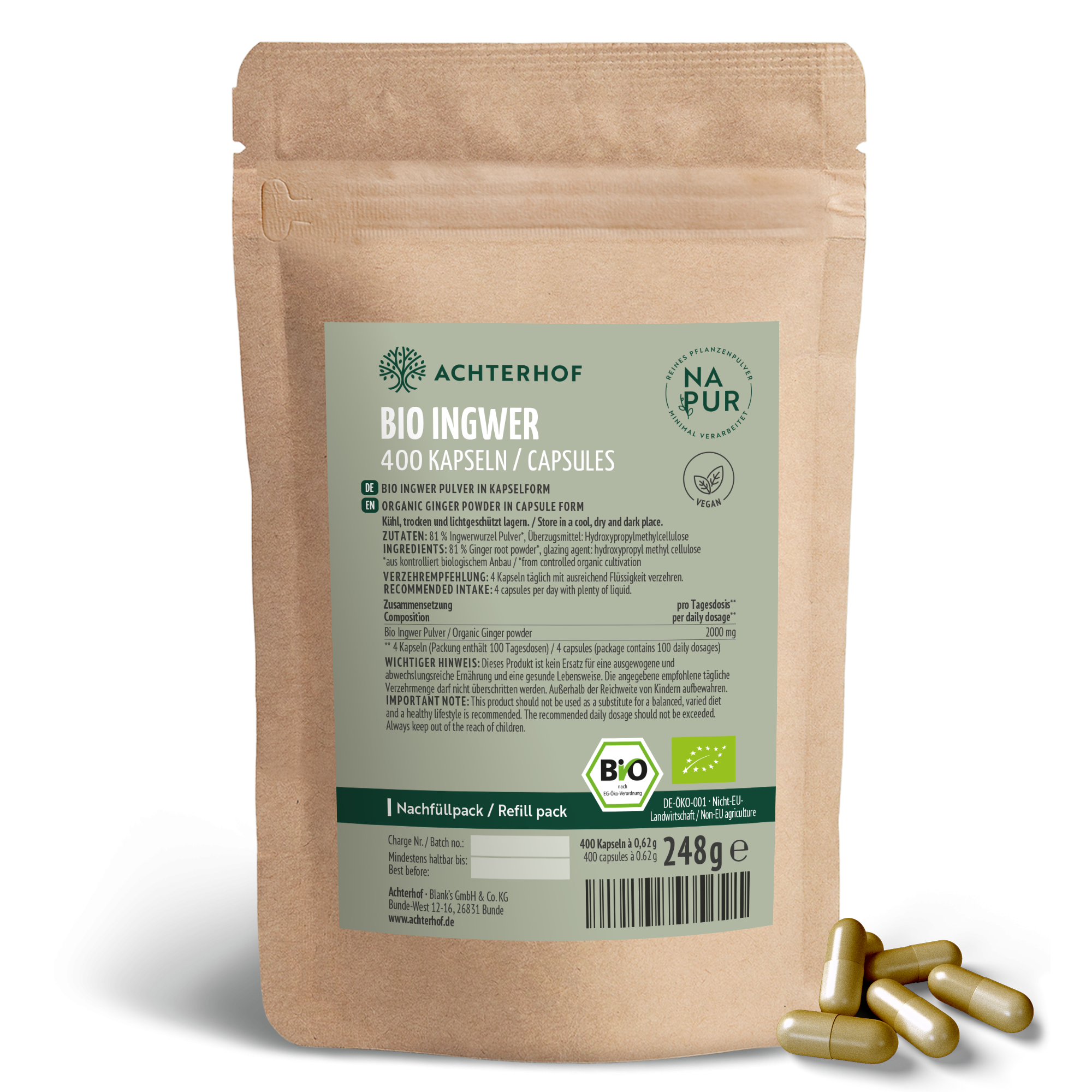 Bio Ingwer Kapseln Nachfüllpack (400 Kapseln)