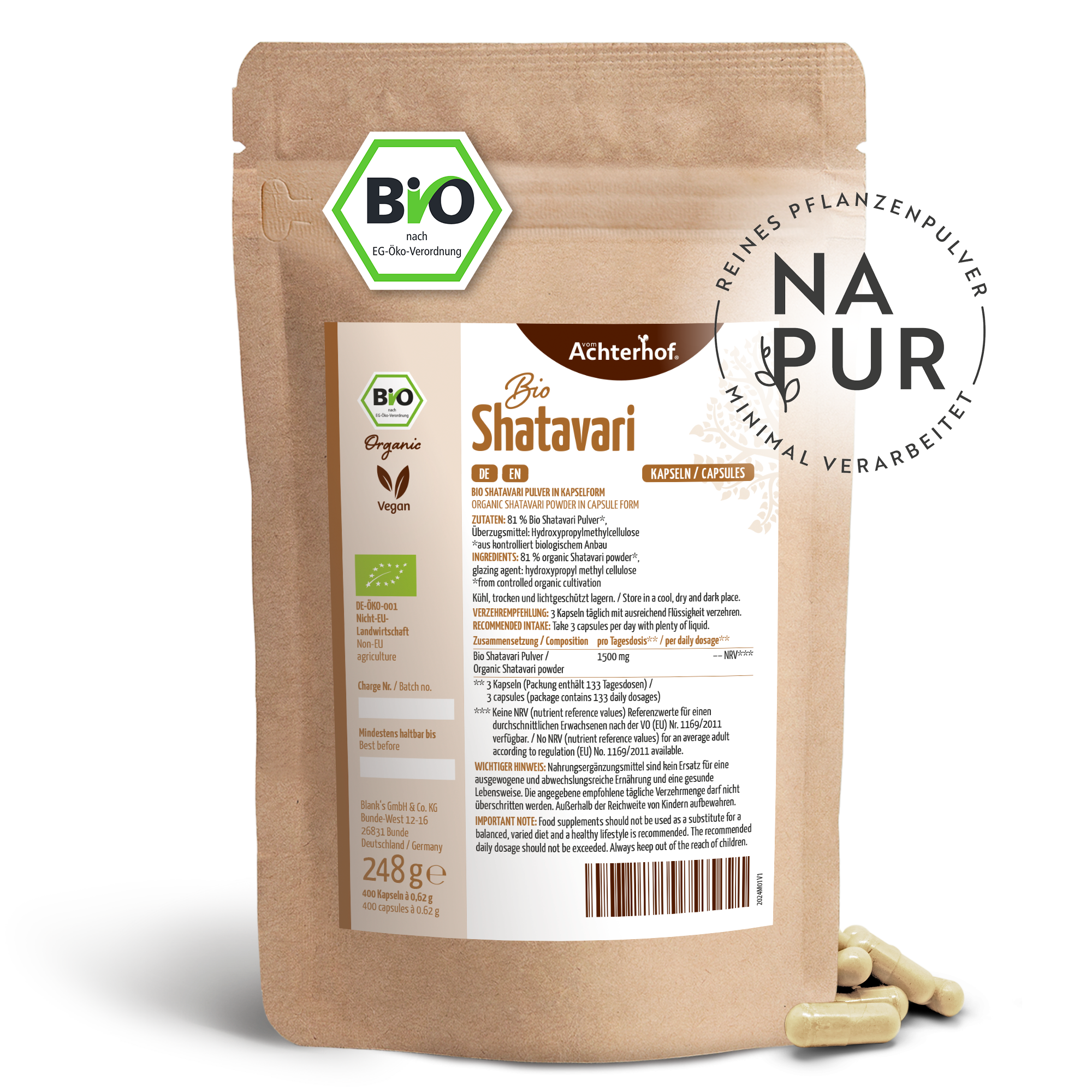Shatavari Kapseln Bio Nachfüllpack (400 Kapseln)