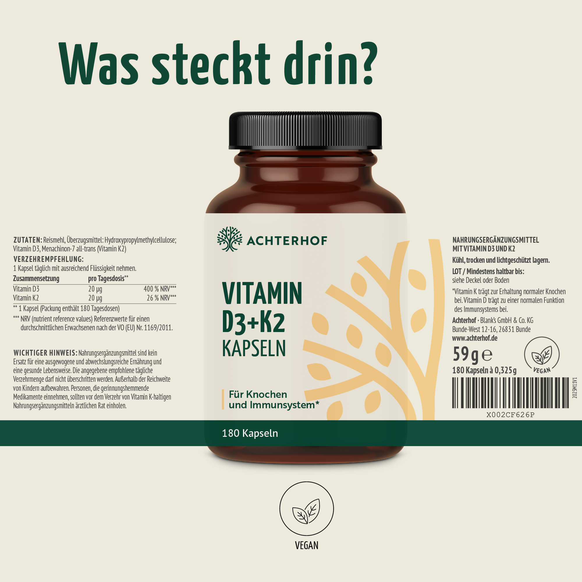 Vitamin D3+K2 Kapseln (180 Kapseln)